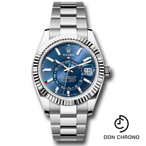 Rolex White Rolesor Sky-Dweller Watch - Fluted Ring Command Bezel - Blue Index Dial - Oyster Bracelet - 336934 blio