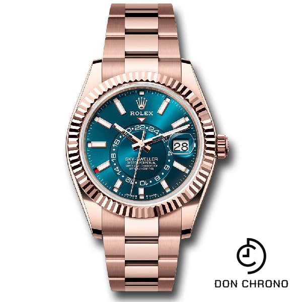 Rolex Everose Gold Sky-Dweller Watch - Fluted Ring Command Bezel - Blue-Green Index Dial - Oyster Bracelet - 336935 bgio