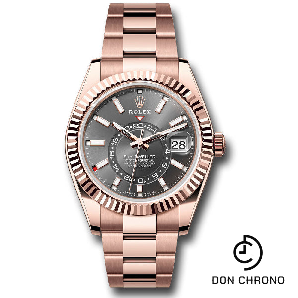 Rolex Everose Gold Sky-Dweller Watch - Fluted Ring Command Bezel - Slate Index Dial - Oyster Bracelet - 336935 slio