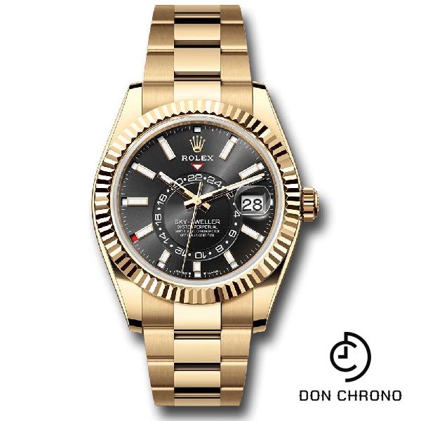 Rolex Yellow Gold Sky-Dweller Watch - Fluted Ring Command Bezel - Black Index Dial - Oyster Bracelet - 336938 bkio