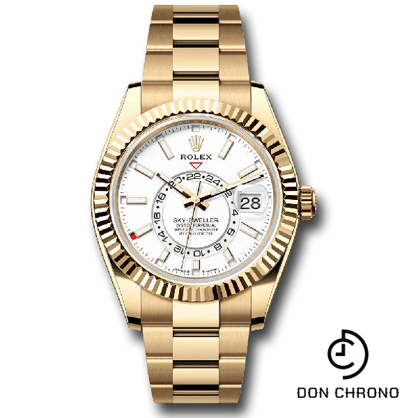 Rolex Yellow Gold Sky-Dweller Watch - Fluted Ring Command Bezel - White Index Dial - Oyster Bracelet - 336938 wio