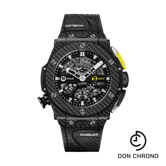 Hublot Big Bang Unico Golf Black Carbon Watch - 45 mm - Black Skeleton Dial - Black Rubber With Carbon Fiber Texture Decor and Black Calf Leather Strap-416.YT.1120.VR