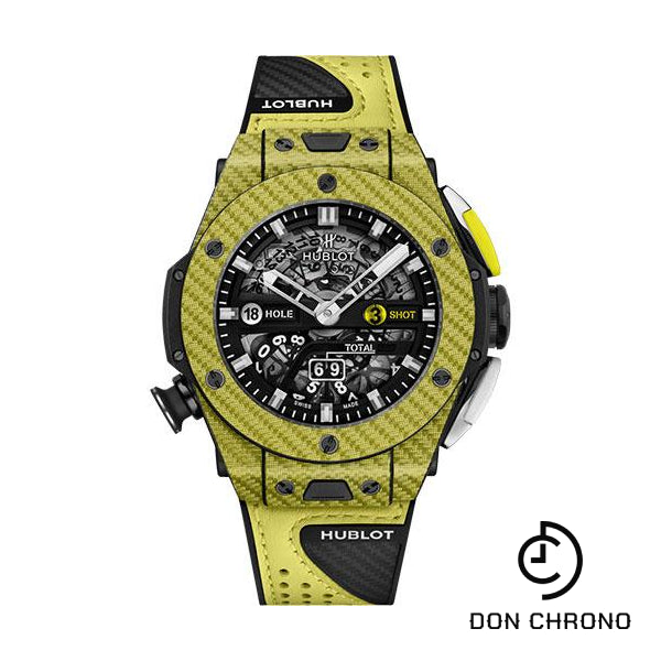 Hublot Big Bang Unico Golf Yellow Carbon Watch - 45 mm - Black Skeleton Dial - Black Rubber With Carbon Fiber Texture Decor and Yellow Calf Leather Strap Limited Edition of 100-416.YY.1120.VR