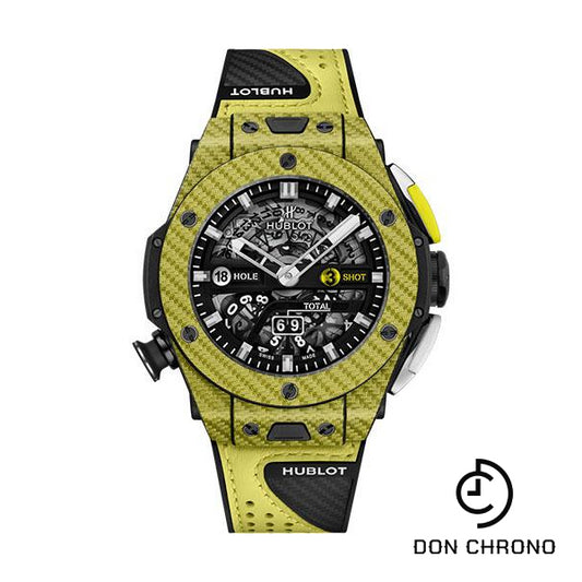 Hublot Big Bang Unico Golf Yellow Carbon Watch - 45 mm - Black Skeleton Dial - Black Rubber With Carbon Fiber Texture Decor and Yellow Calf Leather Strap Limited Edition of 100-416.YY.1120.VR