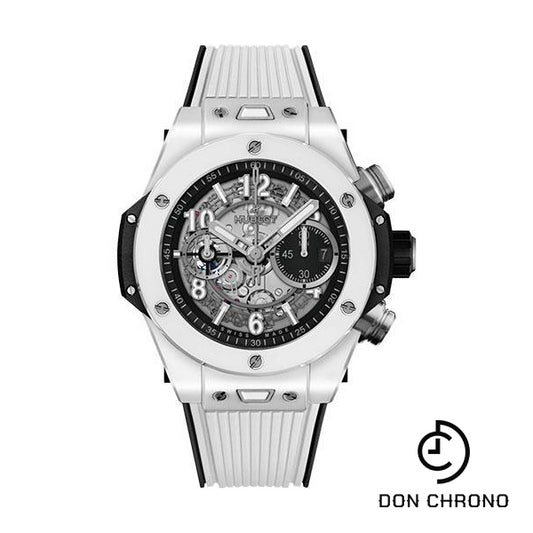 Hublot Big Bang Unico White Ceramic Watch - 44 mm - Black Skeleton Dial - Black and White Rubber Strap-421.HX.1170.RX