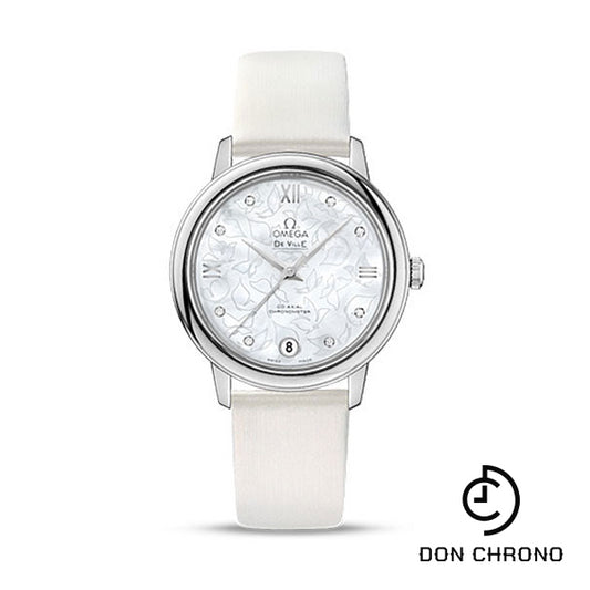 Omega De Ville Prestige Co-Axial Watch - 32.7 mm Steel Case - Mother-Of-Pearl Diamond Dial - White Satin-Brushed Leather Strap - 424.12.33.20.55.001