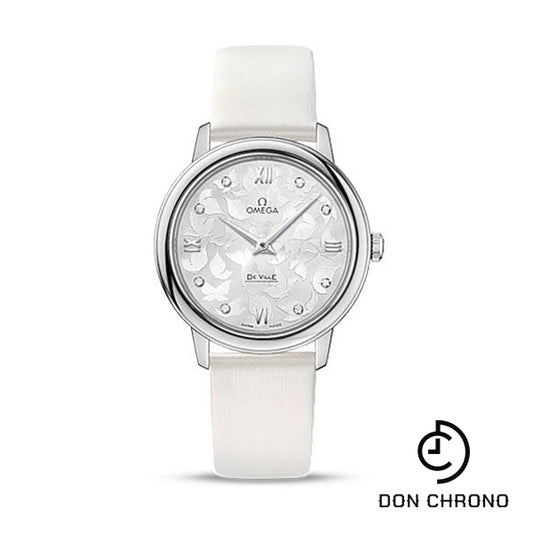 Omega De Ville Prestige Quartz Watch - 32.7 mm Steel Case - Silver Dial - White Satin-Brushed Leather Strap - 424.12.33.60.52.001