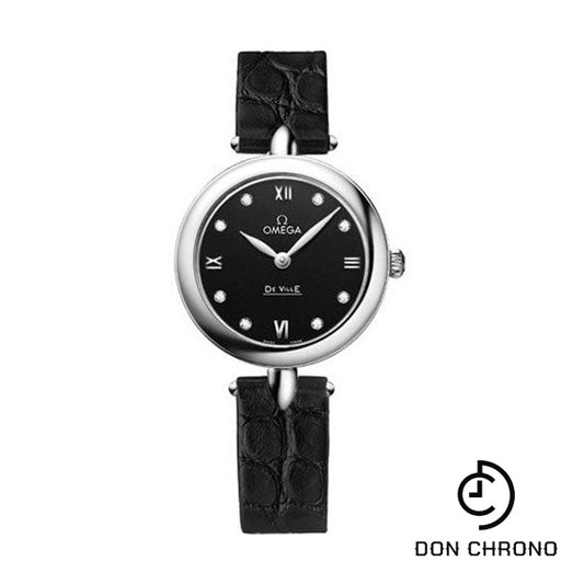 Omega De Ville Prestige Quartz Dewdrop Watch - 27.4 mm Steel Case - Black Dial - Leather Strap - 424.13.27.60.51.001