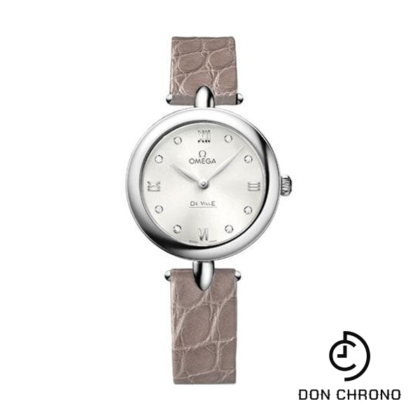 Omega De Ville Prestige Quartz Dewdrop Watch - 27.4 mm Steel Case - Silvery-Sun Dial - Leather Strap - 424.13.27.60.52.001