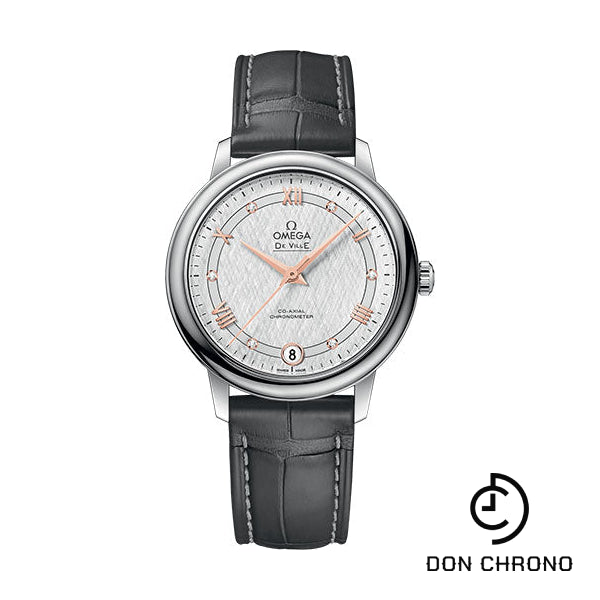 Omega De Ville Prestige Co-Axial Watch - 32.7 mm Steel Case - White Silvery Dial - Grey Leather Strap - 424.13.33.20.52.001