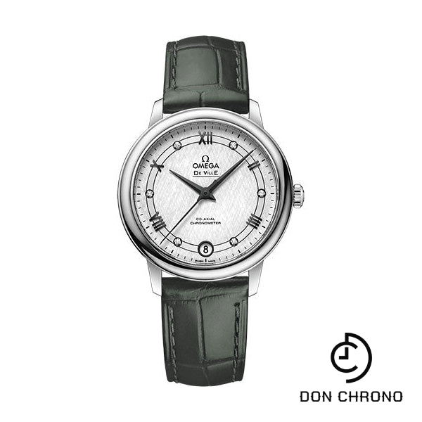 Omega De Ville Prestige Co-Axial Watch - 32.7 mm Steel Case - White Silvery Dial - Hunter Green Leather Strap - 424.13.33.20.52.002