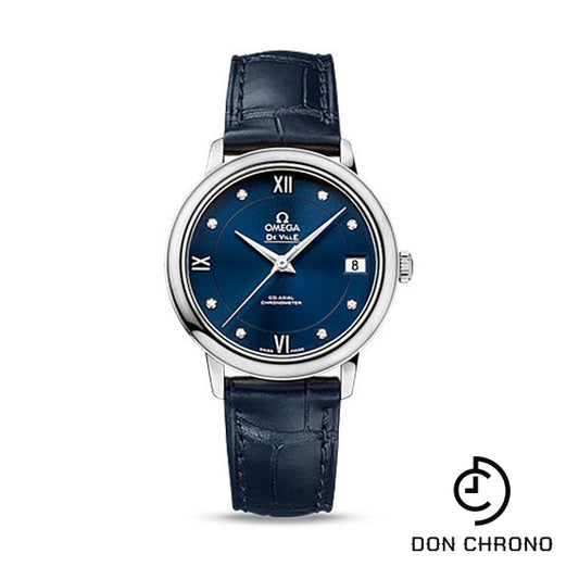 Omega De Ville Prestige Co-Axial Watch - 32.7 mm Steel Case - Blue Diamond Dial - Blue Leather Strap - 424.13.33.20.53.001