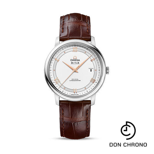 Omega De Ville Prestige Co-Axial Watch - 39.5 mm Steel Case - Silver Dial - Brown Leather Strap - 424.13.40.20.02.002