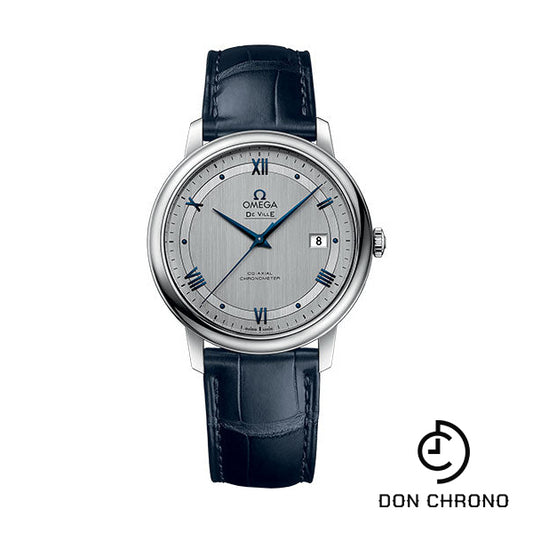 Omega De Ville Prestige Co-Axial Watch - 39.5 mm Steel Case - Rhodium-Silvery Dial - Blue Leather Strap - 424.13.40.20.02.003