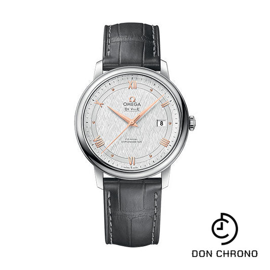 Omega De Ville Prestige Co-Axial Watch - 39.5 mm Steel Case - White Silvery Dial - Grey Leather Strap - 424.13.40.20.02.005