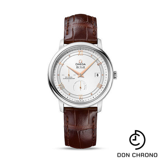 Omega De Ville Prestige Co-Axial Power Reserve Watch - 39.5 mm Steel Case - Silver Dial - Brown Leather Strap - 424.13.40.21.02.002