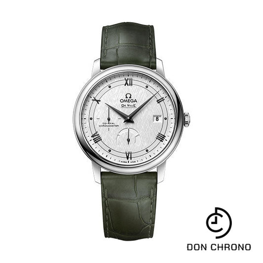 Omega De Ville Prestige Co-Axial Power Reserve Watch - 39.5 mm Steel Case - White Silvery Dial - Hunter Green Leather Strap - 424.13.40.21.02.004