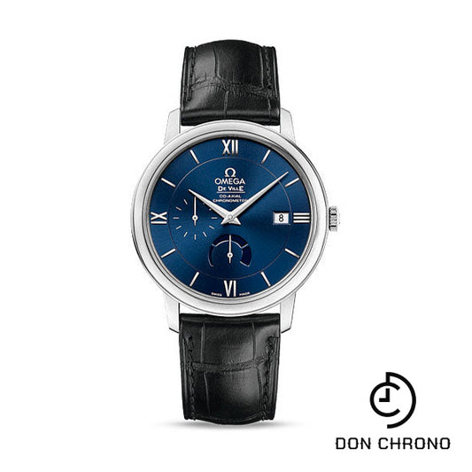 Omega De Ville Prestige Co-Axial Power Reserve Watch - 39.5 mm Steel Case - Blue Dial - Black Leather Strap - 424.13.40.21.03.001