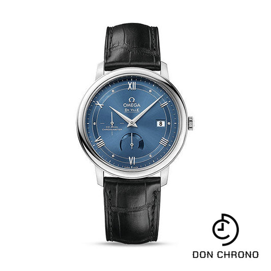 Omega De Ville Prestige Co-Axial Power Reserve Watch - 39.5 mm Steel Case - Blue Dial - Black Leather Strap - 424.13.40.21.03.002