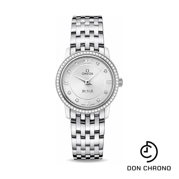 Omega De Ville Prestige Quartz Watch - 27.4 mm Steel Case - Diamond Bezel - Silver Diamond Dial - 424.15.27.60.52.001