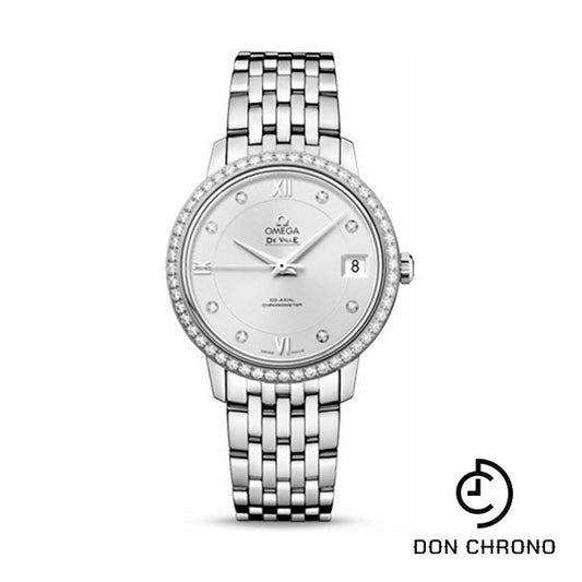 Omega De Ville Prestige Co-Axial Watch - 32.7 mm Steel Case - Diamond Bezel - Silver Diamond Dial - 424.15.33.20.52.001