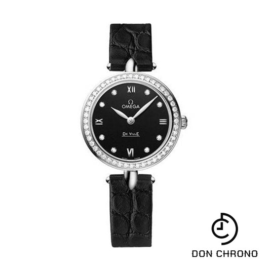 Omega De Ville Prestige Quartz Dewdrop Watch - 27.4 mm Steel Case - Black Dial - Leather Strap - 424.18.27.60.51.001