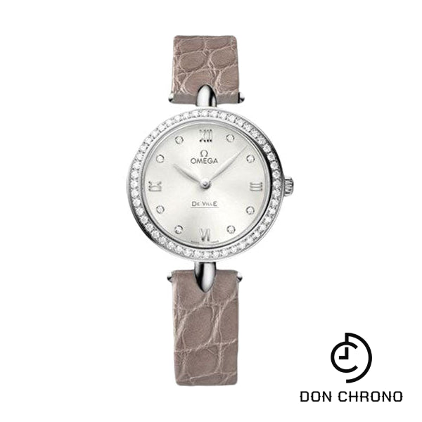 Omega De Ville Prestige Quartz Dewdrop Watch - 27.4 mm Steel Case - Radiant Diamond Paved Bezel - Silvery-Sun Dial - Leather Strap - 424.18.27.60.52.001