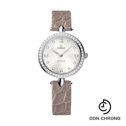 Omega De Ville Prestige Quartz Dewdrop Watch - 27.4 mm Steel Case - Radiant Diamond Paved Bezel - Silvery-Sun Dial - Leather Strap - 424.18.27.60.52.001