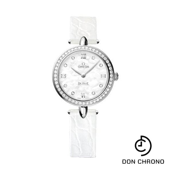 Omega De Ville Prestige Quartz Dewdrop Watch - 27.4 mm Steel Case - Radiant Diamond Paved Bezel - Mother-Of-Pearl Dial - Leather Strap - 424.18.27.60.55.001