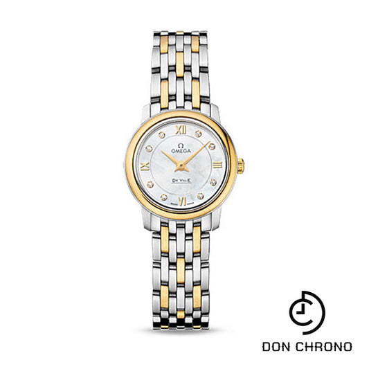 Omega De Ville Prestige Quartz Watch - 24.4 mm Steel Case - Yellow Gold Bezel - Mother-Of-Pearl Diamond Dial - Yellow Gold Bracelet - 424.20.24.60.55.001