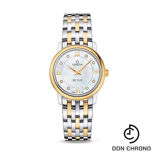 Omega De Ville Prestige Quartz Watch - 27.4 mm Steel Case - Yellow Gold Bezel - Mother-Of-Pearl Diamond Dial - Yellow Gold Bracelet - 424.20.27.60.55.001