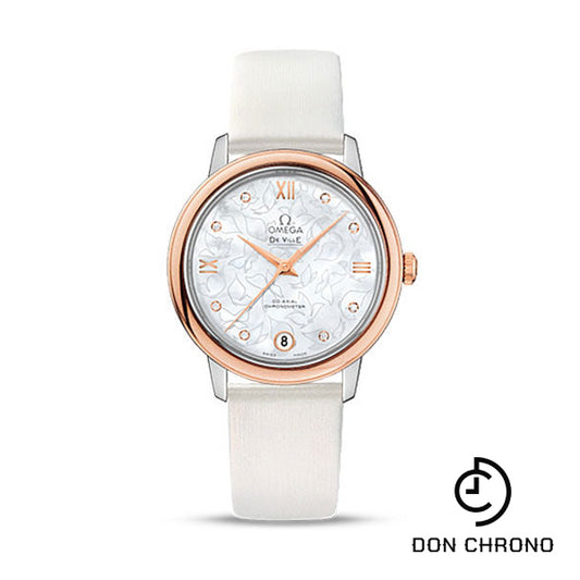 Omega De Ville Prestige Co-Axial Watch - 32.7 mm Steel Case - Red Gold Bezel - Mother-Of-Pearl Diamond Dial - White Satin-Brushed Leather Strap - 424.22.33.20.55.001