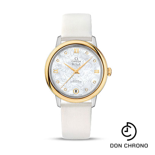 Omega De Ville Prestige Co-Axial Watch - 32.7 mm Steel Case - Yellow Gold Bezel - Mother-Of-Pearl Diamond Dial - White Satin-Brushed Leather Strap - 424.22.33.20.55.002