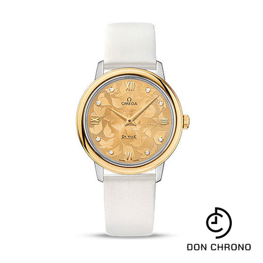 Omega De Ville Prestige Quartz Watch - 32.7 mm Steel Case - Yellow Gold Bezel - Champagne Diamond Dial - White Satin-Brushed Leather Strap - 424.22.33.60.58.001