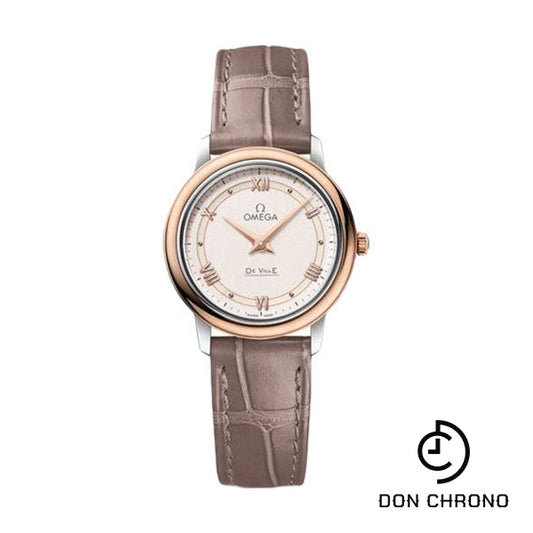 Omega De Ville Prestige Quartz Watch - 27.4 mm Steel And Red Gold Case - Varnished Shimmer Ivory-Beige Dial - Taupe-Brown Leather Strap - 424.23.27.60.09.001