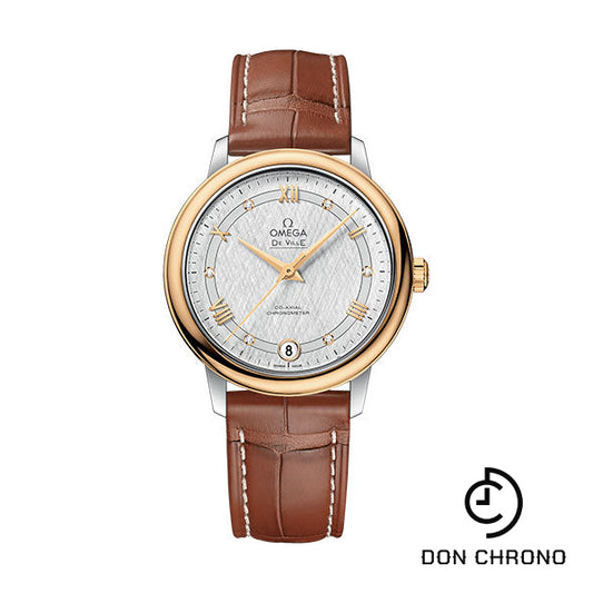 Omega De Ville Prestige Co-Axial Watch - 32.7 mm Steel And Yellow Gold Case - White Silvery Dial - Light Brown Leather Strap - 424.23.33.20.52.001