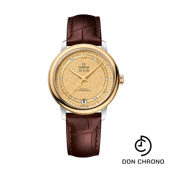 Omega De Ville Prestige Co-Axial Watch - 32.7 mm Steel And Yellow Gold Case - Champagne Dial - Brown Leather Strap - 424.23.33.20.58.001