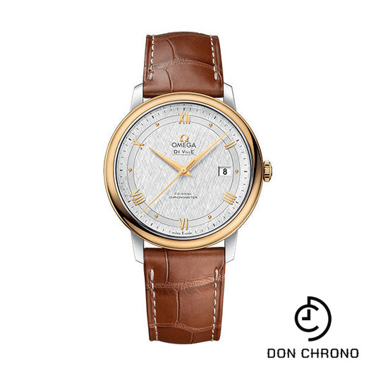 Omega De Ville Prestige Co-Axial Watch - 39.5 mm Steel And Yellow Gold Case - White Silvery Dial - Light Brown Leather Strap - 424.23.40.20.02.001