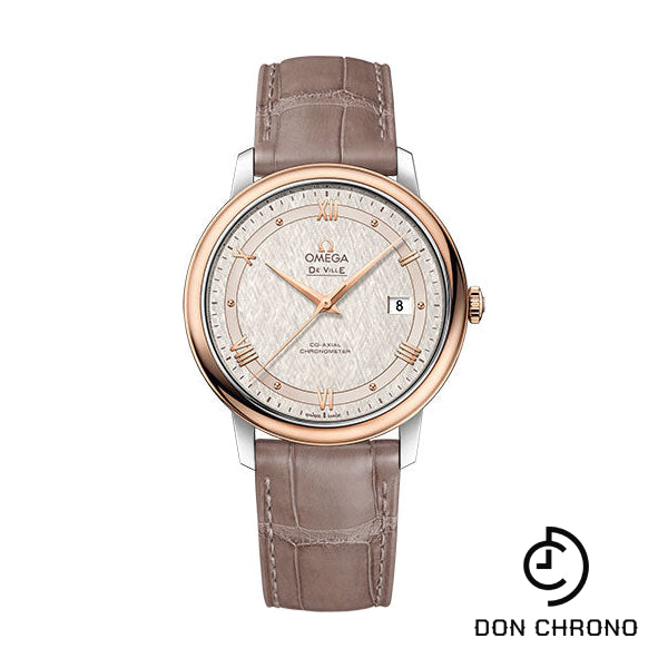 Omega De Ville Prestige Co-Axial Watch - 39.5 mm Steel And Red Gold Case - Ivory Silvery Dial - Taupe-Brown Leather Strap - 424.23.40.20.02.003