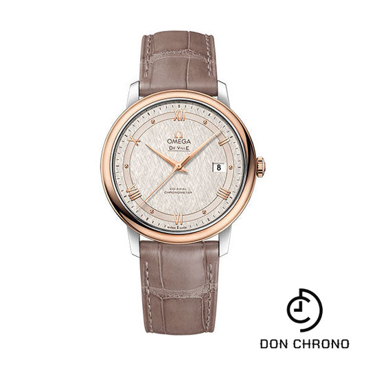 Omega De Ville Prestige Co-Axial Watch - 39.5 mm Steel And Red Gold Case - Ivory Silvery Dial - Taupe-Brown Leather Strap - 424.23.40.20.02.003