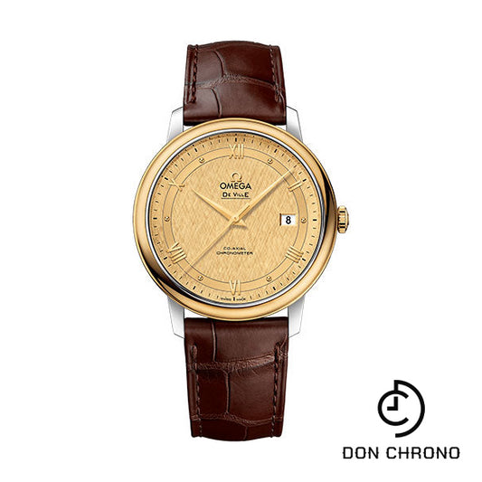 Omega De Ville Prestige Co-Axial Watch - 39.5 mm Steel And Yellow Gold Case - Champagne Dial - Brown Leather Strap - 424.23.40.20.08.001