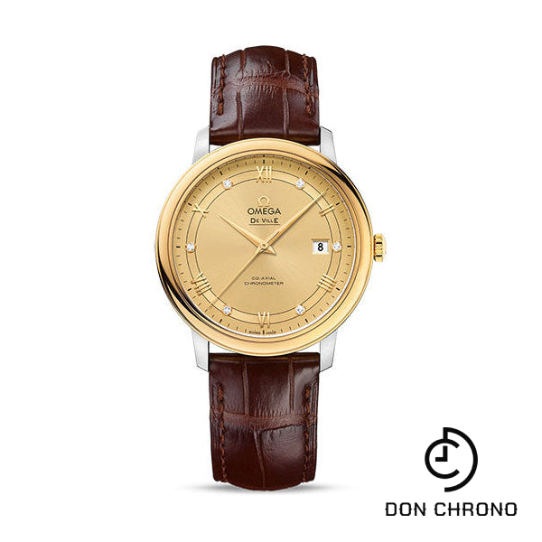 Omega De Ville Prestige Co-Axial Watch - 39.5 mm Steel Case - Yellow Gold Bezel - Champagne Diamond Dial - Brown Leather Strap - 424.23.40.20.58.001