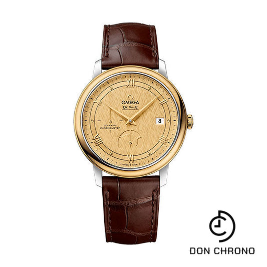 Omega De Ville Prestige Co-Axial Power Reserve Watch - 39.5 mm Steel And Yellow Gold Case - Champagne Dial - Brown Leather Strap - 424.23.40.21.08.001