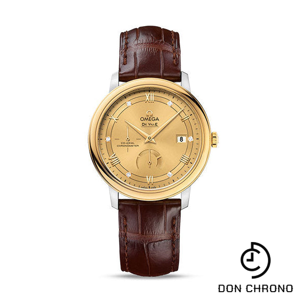 Omega De Ville Prestige Co-Axial Power Reserve Watch - 39.5 mm Steel Case - Yellow Gold Bezel - Champagne Diamond Dial - Brown Leather Strap - 424.23.40.21.58.001