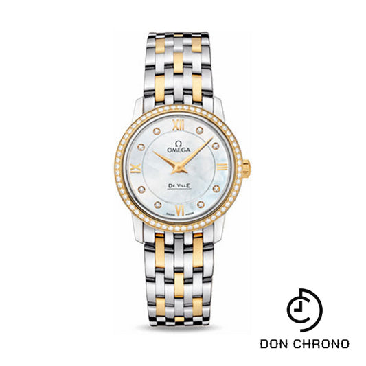 Omega De Ville Prestige Quartz Watch - 27.4 mm Steel And Yellow Gold Case - Diamond Bezel - Mother-Of-Pearl Diamond Dial - 424.25.27.60.55.001