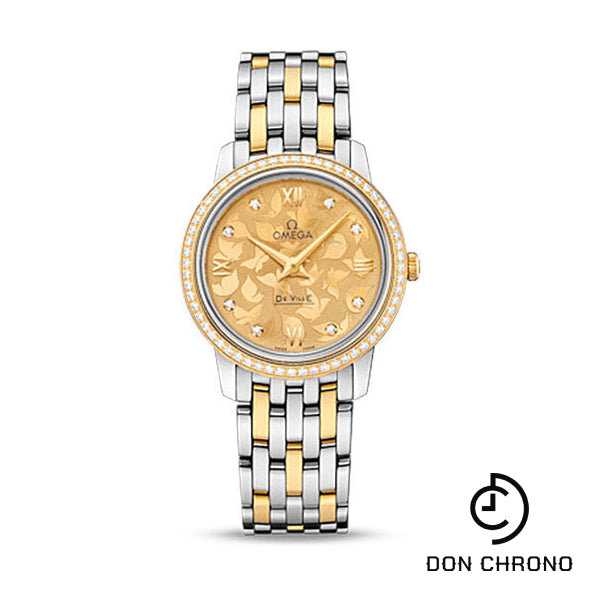 Omega De Ville Prestige Quartz Watch - 27.4 mm Steel Case - Diamond-Set Yellow Gold Bezel - Champagne Diamond Dial - Yellow Gold-Steel Bracelet - 424.25.27.60.58.002