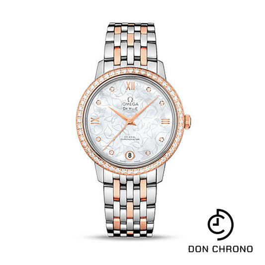 Omega De Ville Prestige Co-Axial Watch - 32.7 mm Steel Case - Diamond-Set Red Gold Bezel - Mother-Of-Pearl Dial - Red Gold-Steel Bracelet - 424.25.33.20.55.003