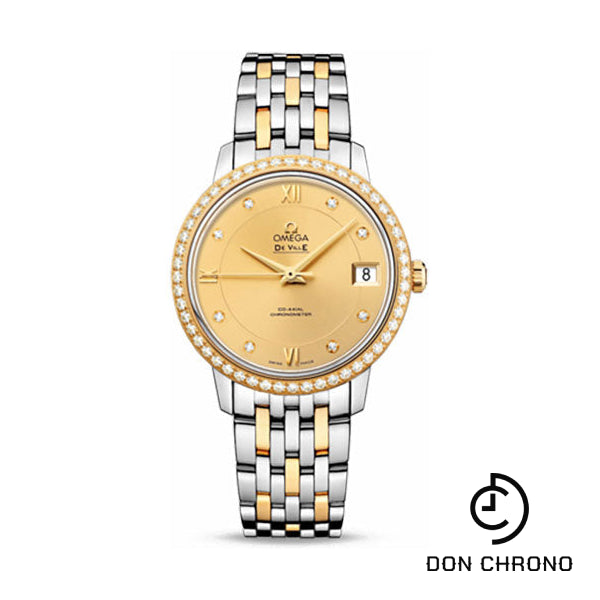 Omega De Ville Prestige Co-Axial Watch - 32.7 mm Steel And Yellow Gold Case - Diamond Bezel - Champagne Diamond Dial - 424.25.33.20.58.001