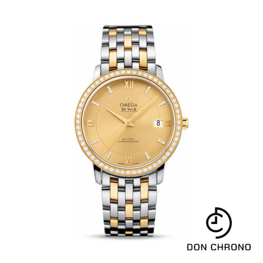 Omega De Ville Prestige Co-Axial Watch - 36.8 mm Steel And Yellow Gold Case - Diamond Bezel - Champagne Diamond Dial - 424.25.37.20.58.001