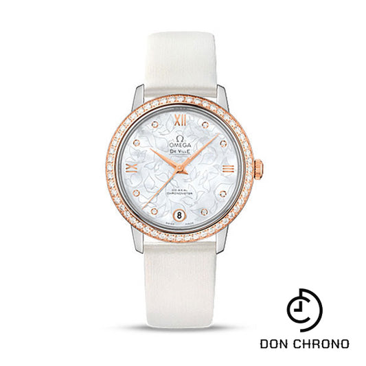 Omega De Ville Prestige Co-Axial Watch - 32.7 mm Steel Case - Diamond-Set Red Gold Bezel - Mother-Of-Pearl Diamond Dial - White Satin-Brushed Leather Strap - 424.27.33.20.55.001